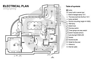 Plan wiring lighting. Electrical Schematic interior. Set of standard icons switches, electrical symbols for blueprint.