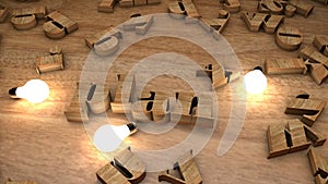 Plan word from wooden cubes, wood letters text string on table with light bulbs