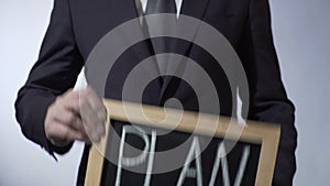 Plan written on blackboard, businessman holding sign, business concept, strategy