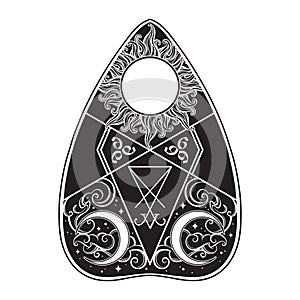Planchette for spirit talking board vector illustration. Mediumship divination equipment, alchemy, religion, spirituality, photo