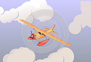 The plane on air floats flies between the clouds. Vector