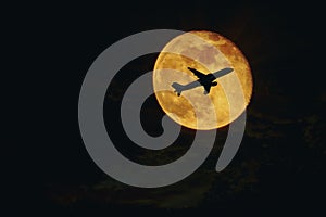 plane, aircraft silhouette against full moon