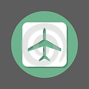 Plane, airplane flat icon. Round colorful button, circular vector sign with shadow effect. Flat style design.