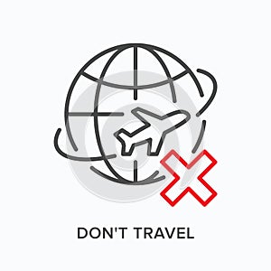 Plane around Earth line icon. Vector outline illustration of airplane on the globe orbit. Worldwide travelling not