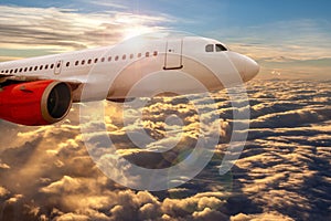 Plane in Aviation Flying Above Golden Sunset Clouds