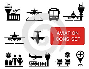 Plane and aviation icons with red signboard photo