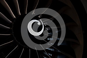 Plane background. Airplane turbine blades close-up. Airplane engine. Turbines blade. Aviation Technologies. Aircraft jet