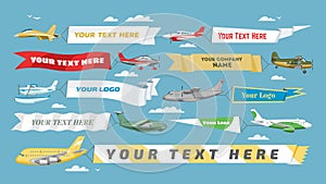 Plane banner vector airplane or aircraft with blank message advertisement and text template ad in illustration set of
