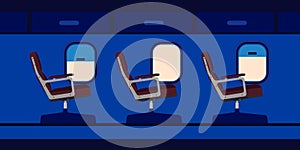 Plane cabin passenger seat illustration vector. Blue travel aircraft cartoon interior jet with window. Flat chair inside economy