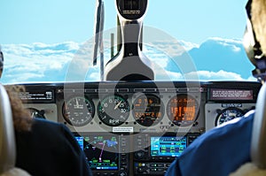 Plane cockpit view while in flight photo