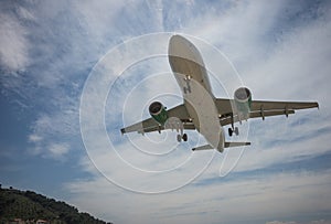 Plane coming in to land, Skiathos, Greece