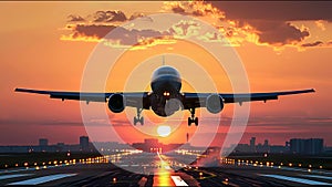 Plane Commercial Airliner Passenger Jet Landing Airport In Sunset