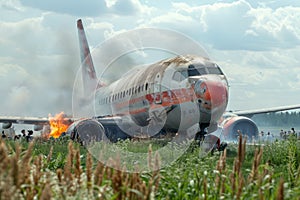 Plane crash airplane on runway catastrophe burning wrecks engine fire failure explosion fuel danger rescuing passengers