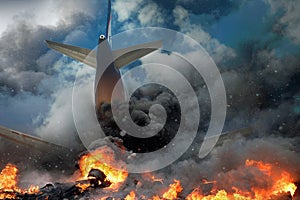 Plane crash, plane on fire and smoke. Fear of Air Travel Concept photo