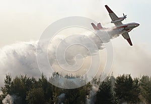 Plane drops water on a forest fire