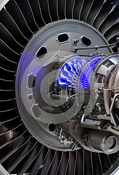 Plane engine element. Turbine blades. Blue light