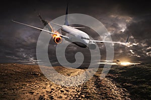 Plane with engine on fire about to crash