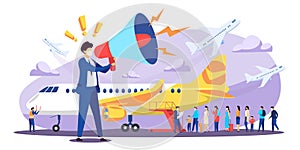 Plane evacuation country citizens to homeland, vector illustration. Virus spread prevention. Preparation for flight photo