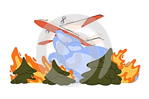 Plane extinguish wildfire. Airplane drops water on burning forest. Firefighters fighting with fire with equipment, gear