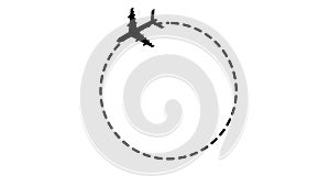 Plane flies in a circle from dotted lines on a black background. Airplane isolated vector animation.