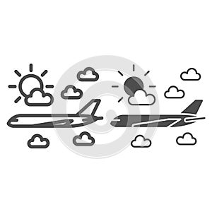 Plane flies in the clouds line and solid icon, airlines concept, plane in clouds vector sign on white background, plane