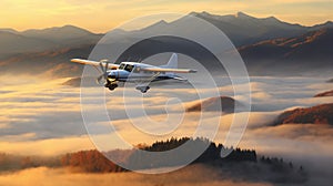 the plane flies high in the sky over a beautiful landscape at sunset, mountains and hills below, forest and fog, a travel