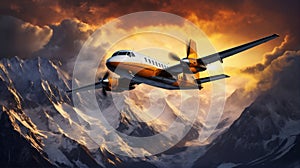 the plane flies high in the sky over a beautiful landscape at sunset, mountains and hills below, forest and fog, a travel