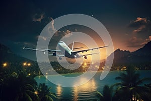 The plane flies over the tropical island, travel to warm countries, vacation, fly at sunset. Night flights . generative ai
