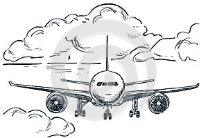 Plane flies in sky, hand drawn vector sketch illustration. Tourism, travel and vacation isolated design elements