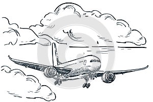 Plane flies in sky vector sketch illustration. Air travel, tourism flight hand drawn isolated design elements