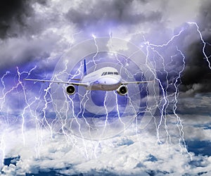 The plane flies through a storm with lots of lightning