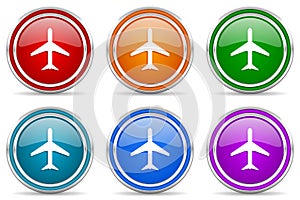 Plane, flight, airplane silver metallic glossy icons, set of modern design buttons for web, internet and mobile applications in 6