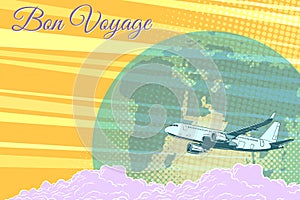 Plane flight travel tourism retro background Bon voyage