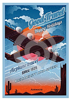 Plane fly over the desert ,in sunset, against the sun, view from the bottom. Vector vintage illustration retro poster style