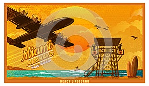 Plane fly over the tropical island with palms and bungalow, in sunset, against the sun, view from the bottom. Vector vintage