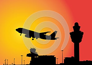 Plane flying above airport