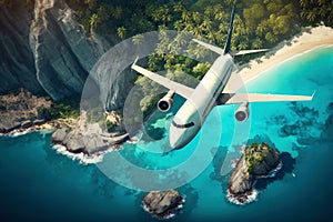 Plane flying above tropical resort, jet is over sea beach and rainforest, generative AI