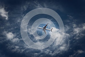 A plane flying blue sky