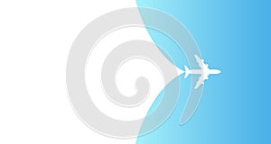 Plane flying on blue sky travel concept, airplane opens the background behind itself. Passenger journey plane banner, jet