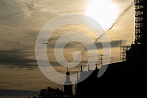 Plane flying into a building under construction
