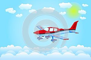 Plane flying through clouds at blue sky. Clouds with red airplane.