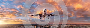 Plane is flying in colorful sky over the city at sunset