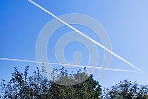 Plane flying high in the sky. clear blue sky with vapor trails background