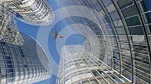 Airliner flying over modern office glass skyscrapers
