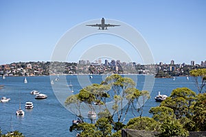 Plane flying over Sydney Harbour Sydney NSW Australia.