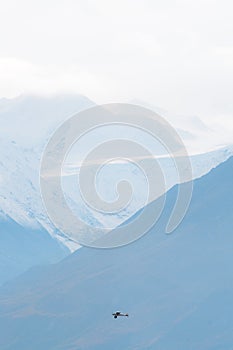 Plane flying in remote mountains in Alaska