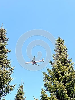 the plane is flying in the sky over some trees in the park