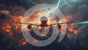 A plane is flying through a storm with lightning bolts by AI generated image