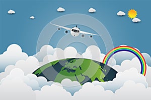 Plane is flying through the world,earth suns with a variety of clouds