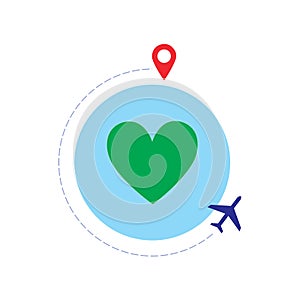 Plane going around a circle in the shape of the world with a green heart in the middle